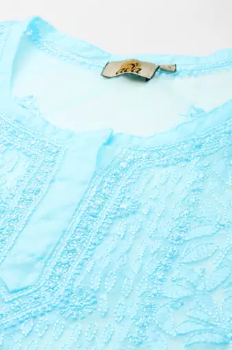 Hand embroidered blue organza lucknowi chikankari short kurti with slip