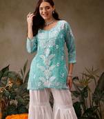Hand embroidered bandhani printed turquoise kota lucknowi chikankari short kurti with slip