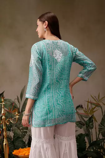 Hand embroidered bandhani printed turquoise kota lucknowi chikankari short kurti with slip