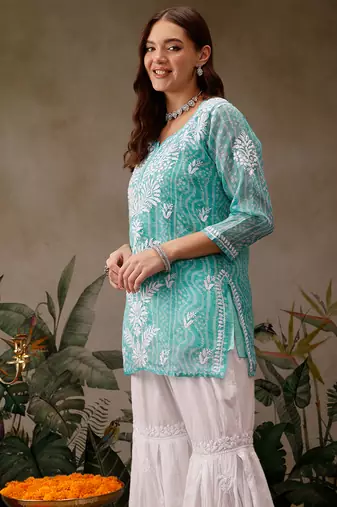 Hand embroidered bandhani printed turquoise kota lucknowi chikankari short kurti with slip