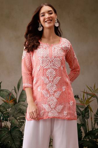 Hand embroidered bandhani printed peach kota lucknowi chikankari short kurti with slip