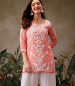 Hand embroidered bandhani printed peach kota lucknowi chikankari short kurti with slip