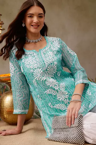 Hand embroidered bandhani printed turquoise kota lucknowi chikankari short kurti with slip