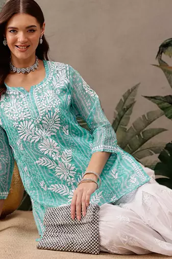 Hand embroidered bandhani printed turquoise kota lucknowi chikankari short kurti with slip