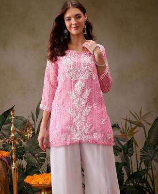Hand embroidered bandhani printed pink kota lucknowi chikankari short kurti with slip 1