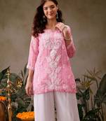 Hand embroidered bandhani printed pink kota lucknowi chikankari short kurti with slip