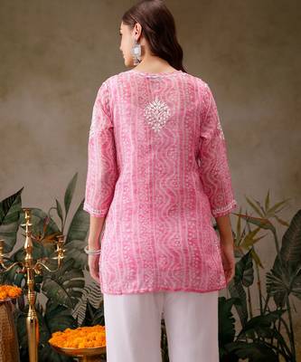 Hand embroidered bandhani printed pink kota lucknowi chikankari short kurti with slip 2