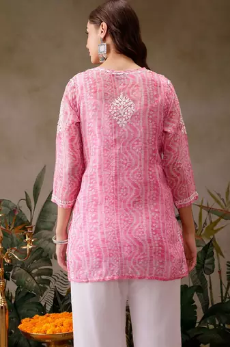 Hand embroidered bandhani printed pink kota lucknowi chikankari short kurti with slip