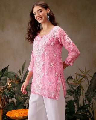 Hand embroidered bandhani printed pink kota lucknowi chikankari short kurti with slip 3