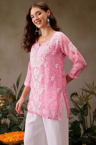 Hand embroidered bandhani printed pink kota lucknowi chikankari short kurti with slip