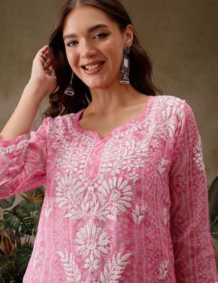 Hand embroidered bandhani printed pink kota lucknowi chikankari short kurti with slip 4