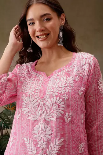 Hand embroidered bandhani printed pink kota lucknowi chikankari short kurti with slip