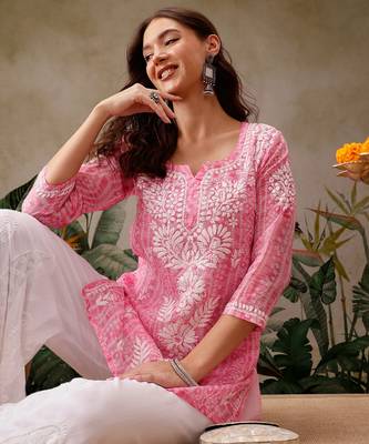 Hand embroidered bandhani printed pink kota lucknowi chikankari short kurti with slip 5