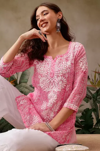 Hand embroidered bandhani printed pink kota lucknowi chikankari short kurti with slip