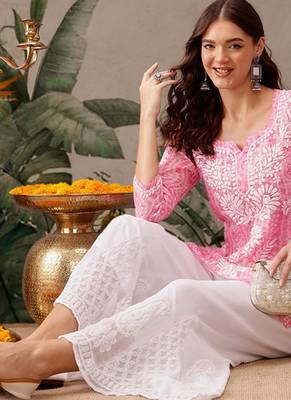 Hand embroidered bandhani printed pink kota lucknowi chikankari short kurti with slip 6