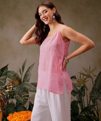 Hand embroidered bandhani printed pink kota lucknowi chikankari short kurti with slip 7