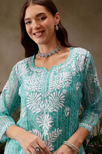 Hand embroidered bandhani printed turquoise kota lucknowi chikankari short kurti with slip