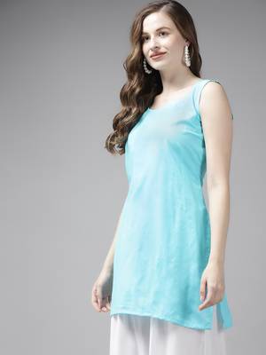 Hand embroidered blue organza lucknowi chikankari short kurti with slip 6