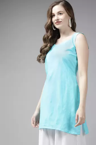 Hand embroidered blue organza lucknowi chikankari short kurti with slip