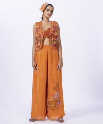 Orange organza embroidered blouse with jacket & plain pants 1