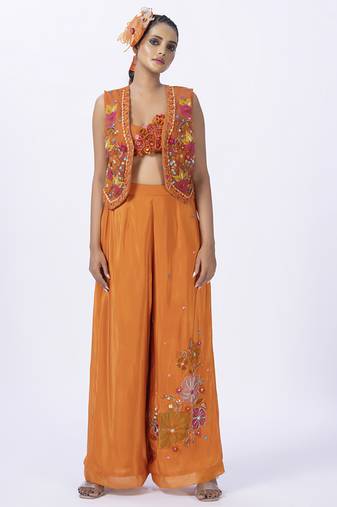 Orange organza embroidered blouse with jacket & plain pants
