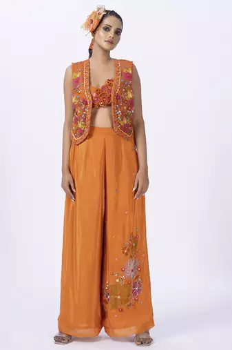 Orange organza embroidered blouse with jacket & plain pants