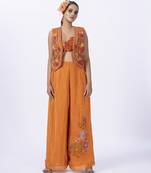 Orange organza embroidered blouse with jacket & plain pants