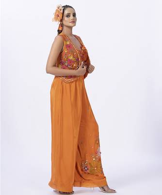 Orange organza embroidered blouse with jacket & plain pants 2