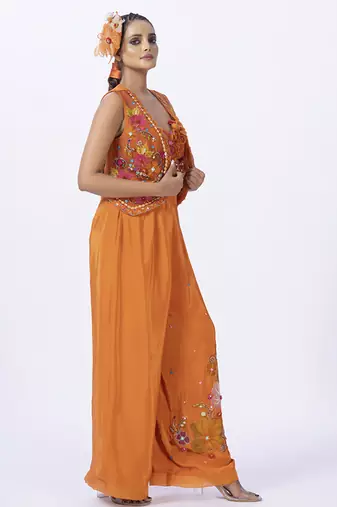 Orange organza embroidered blouse with jacket & plain pants