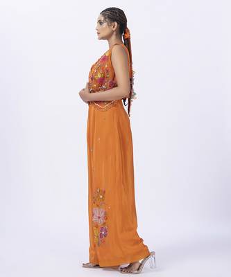 Orange organza embroidered blouse with jacket & plain pants 3