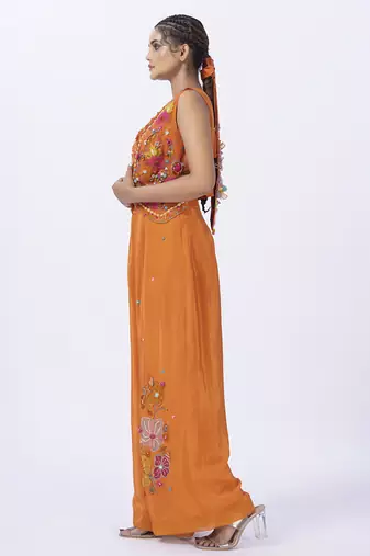 Orange organza embroidered blouse with jacket & plain pants