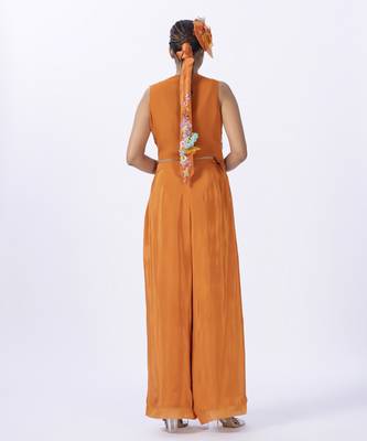 Orange organza embroidered blouse with jacket & plain pants 4