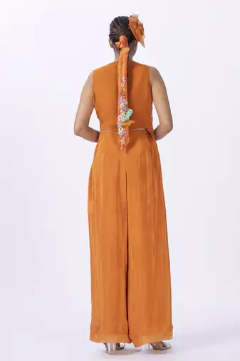 Orange organza embroidered blouse with jacket & plain pants