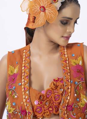 Orange organza embroidered blouse with jacket & plain pants 5