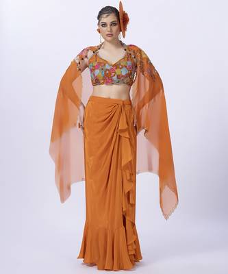 Orange embroidered organza blouse paired with dhoti & shrug 1
