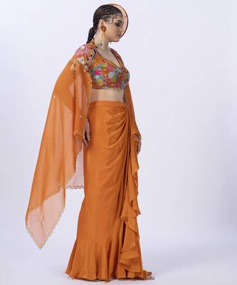 Orange embroidered organza blouse paired with dhoti & shrug 2