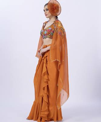 Orange embroidered organza blouse paired with dhoti & shrug 3