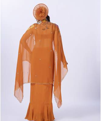 Orange embroidered organza blouse paired with dhoti & shrug 4