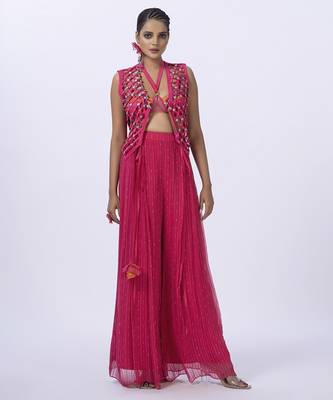 Pink georgette embroidered blouse with jacket & plain pants 1