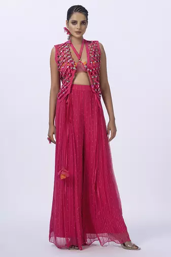 Pink georgette embroidered blouse with jacket & plain pants