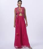 Pink georgette embroidered blouse with jacket & plain pants