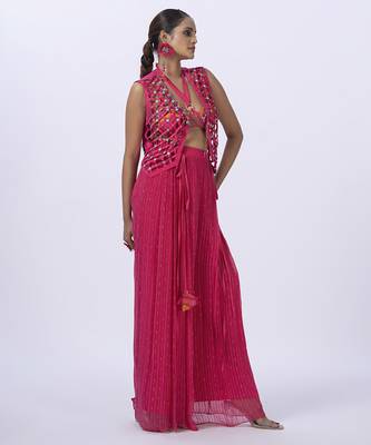 Pink georgette embroidered blouse with jacket & plain pants 2