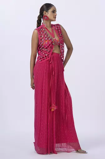 Pink georgette embroidered blouse with jacket & plain pants