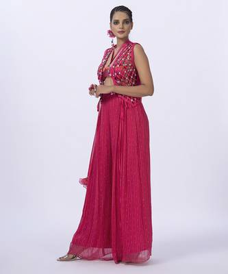 Pink georgette embroidered blouse with jacket & plain pants 3