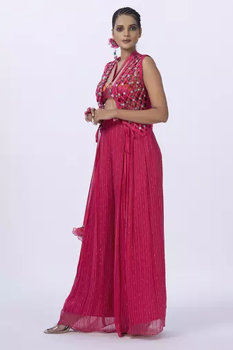 Pink georgette embroidered blouse with jacket & plain pants