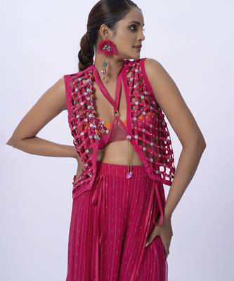Pink georgette embroidered blouse with jacket & plain pants 4