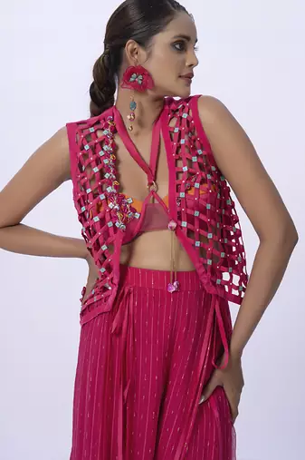 Pink georgette embroidered blouse with jacket & plain pants