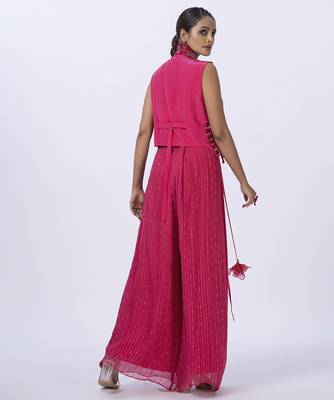 Pink georgette embroidered blouse with jacket & plain pants 5