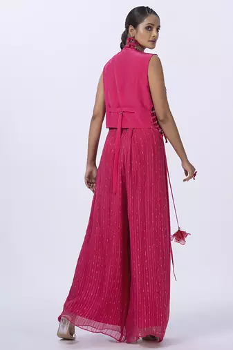 Pink georgette embroidered blouse with jacket & plain pants