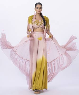 Peach organza plain pants with shrug & embroidered blouse 1